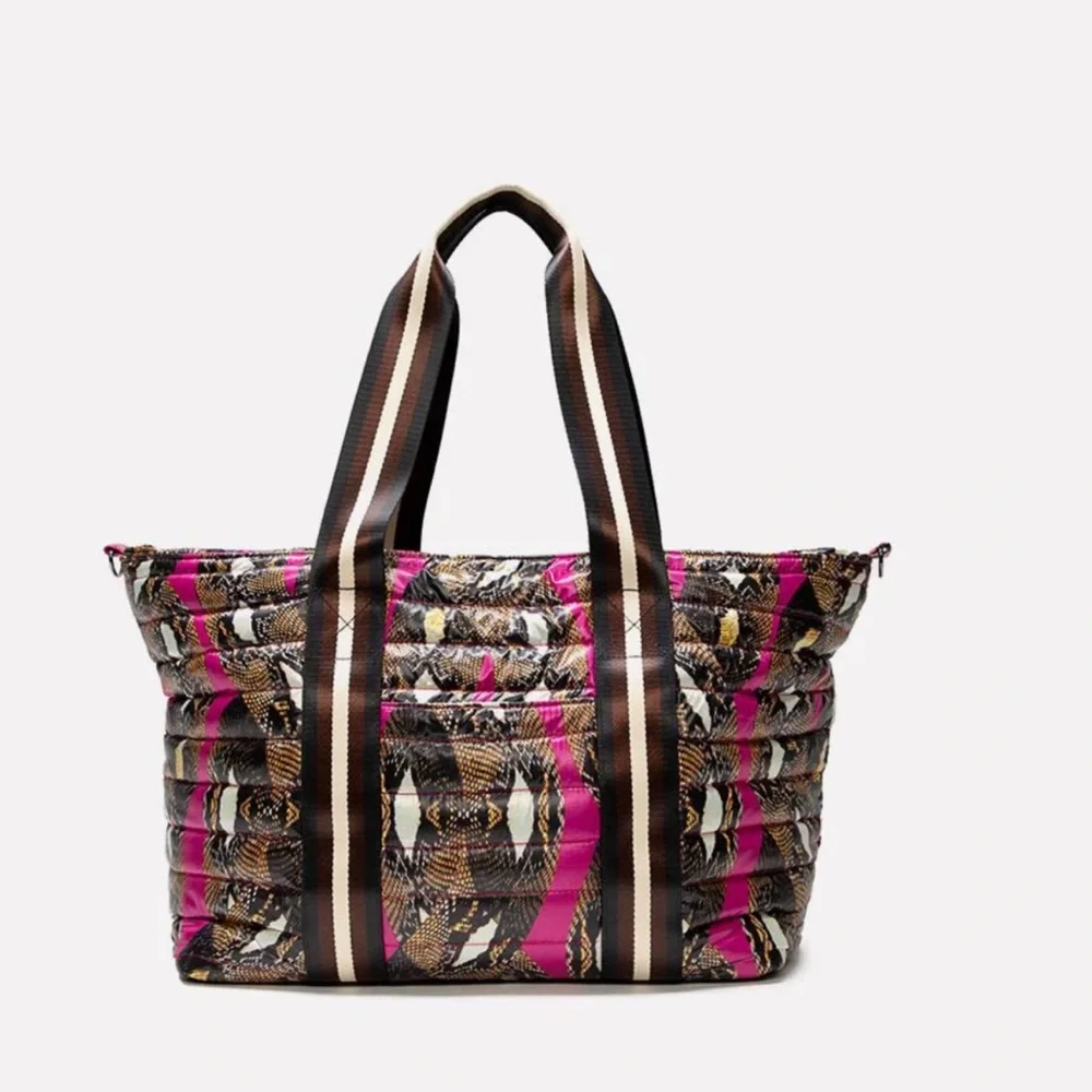 Think Royln Quilted Puffer Tote Bag Pink Black Brown Snake Print New (No Tags) - Picture 3 of 9